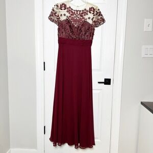 JS COLLECTION Burgundy Floral Embroidered Chiffon Gown Size 8 Wedding‎ MOTB